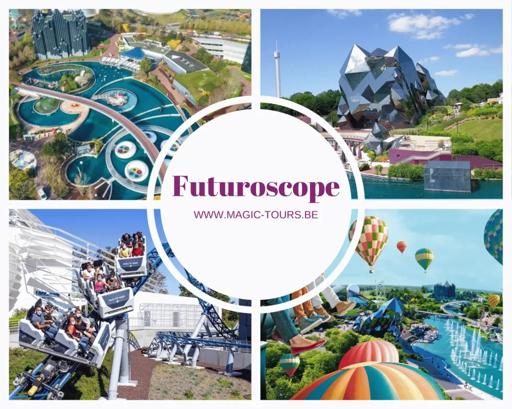 Collage du parc Futuroscope, attractions et montgolfières