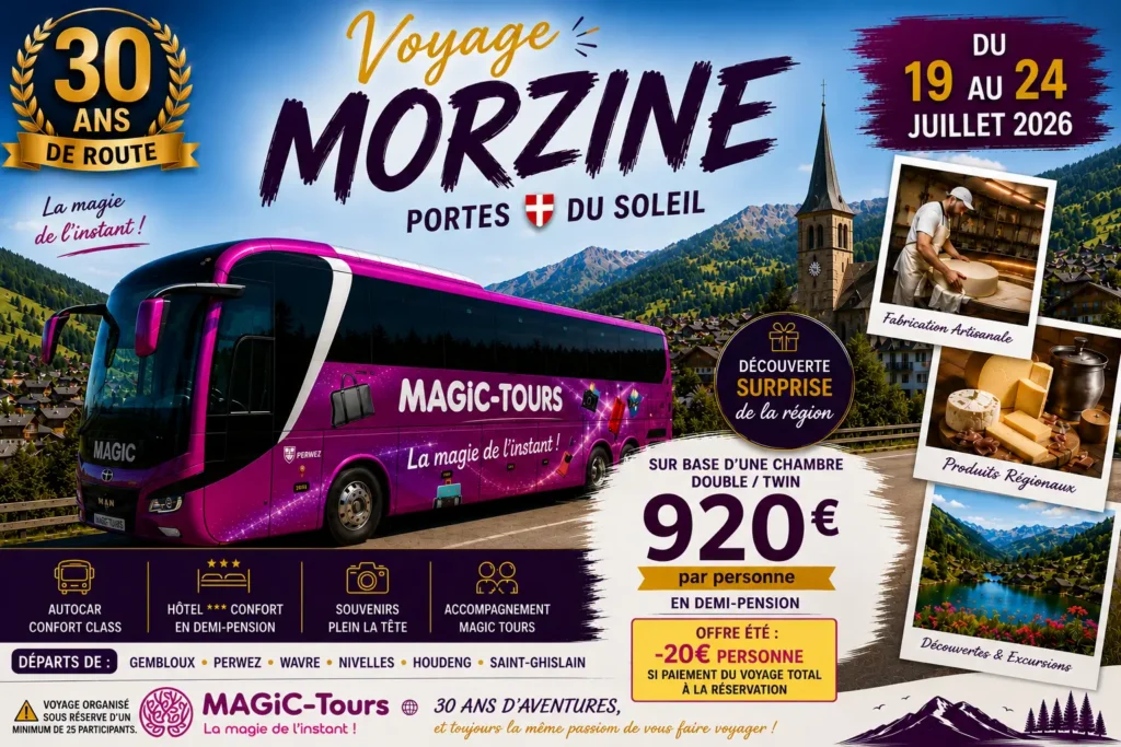 Affiche du voyage en car à Morzine pour les 30 ans de Magic Tours